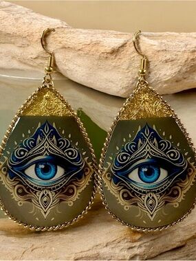 Gold Teardrop Earrings with Blue Eye Motif - Women's Jewelry